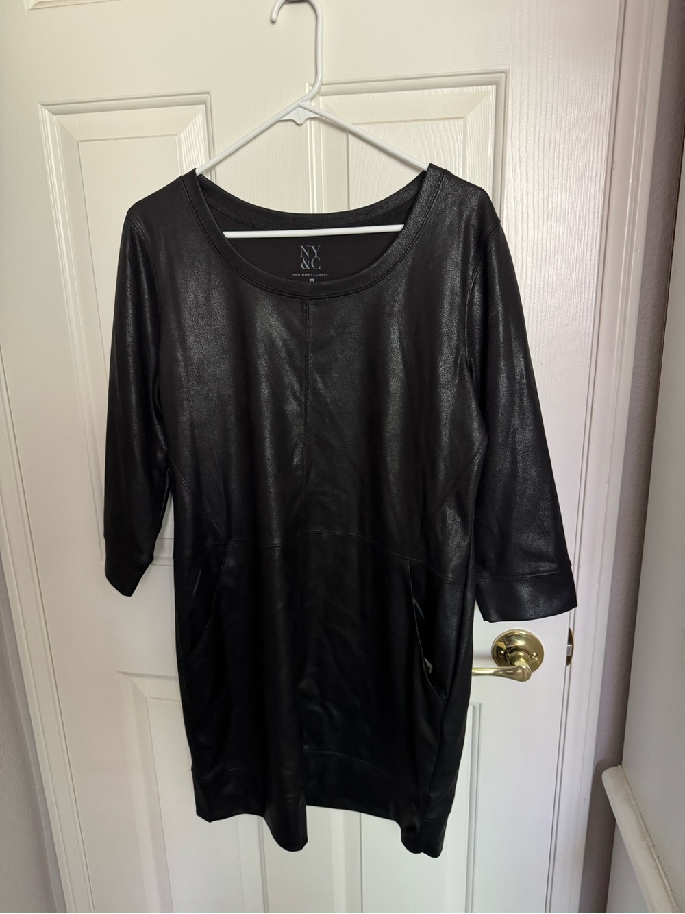 New York & Company Black Faux Leather Shift Top